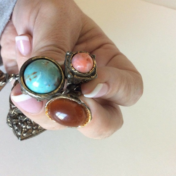 Vintage Chunky Fob Charm Bracelet Ornate Stones - Picture 7 of 9